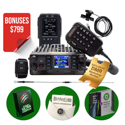 AnyTone AT-D578UVIII Plus Mobile Deal includes a handheld radio, AT-D578UVIII Mobile Radio, Bluetooth Speaker Mic, earpiece, antenna, cables, workshop access, guides, membership & DMR mobile accessories.