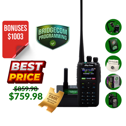 The AnyTone AT-D878UVII Plus Plug and Play Package is displayed with antenna, charger, batteries, pre-programmed DMR radio, exclusive DMR workshop access, club membership, and guides. A red label highlights "$1003 in Bonuses" and new price of $759.98.