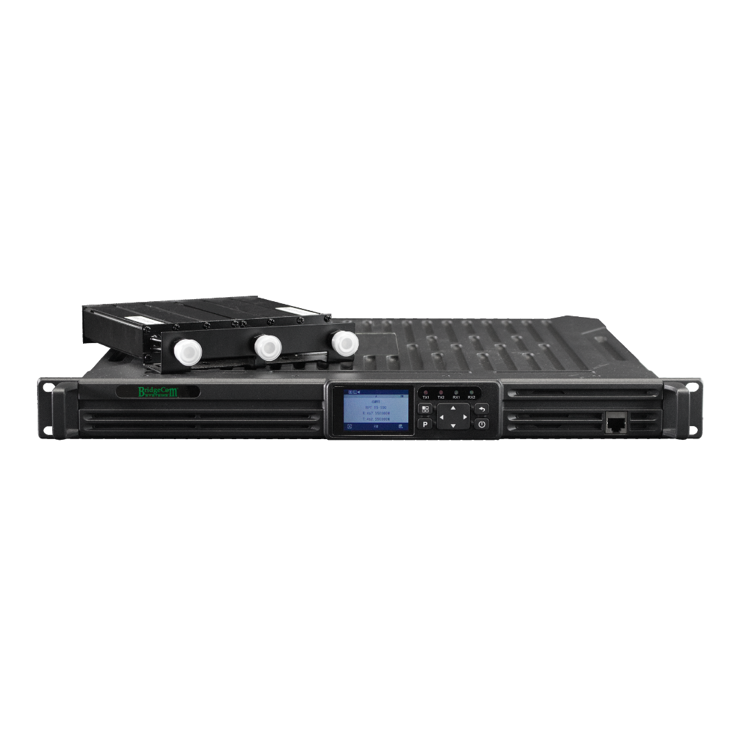 The GMRS Repeater System with Duplexer | BridgeCom BCR-GMRS is a black 1U rackmount server featuring an LCD screen, control buttons, removable hard drive tray, multiple front ports, and ventilation slots.