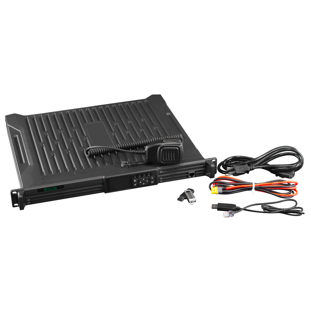 The BridgeCom BCR-GMRS GMRS Repeater System (UHF) features a black radio transceiver, handheld microphone, power and Ethernet cables, and key fob on a white background; FCC Part 95E certified, perfect for GMRS repeater setups.