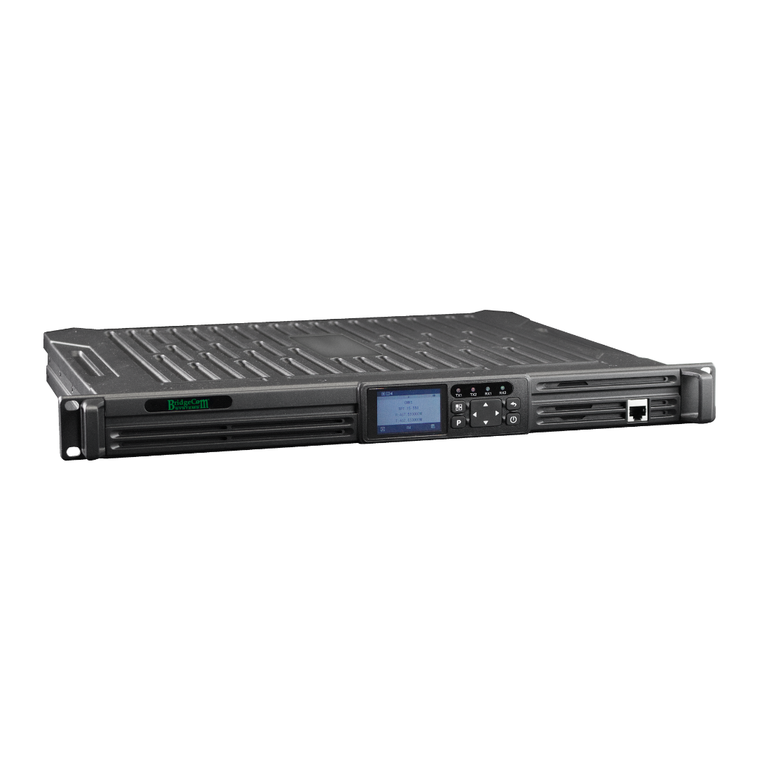 The BCR-GMRS Repeater & Duplexer Power Bundle by BridgeCom Systems is a black 1U rackmount server with LCD display, control buttons, indicator lights, and network ports—ideal as an FCC Part 95E certified GMRS repeater.