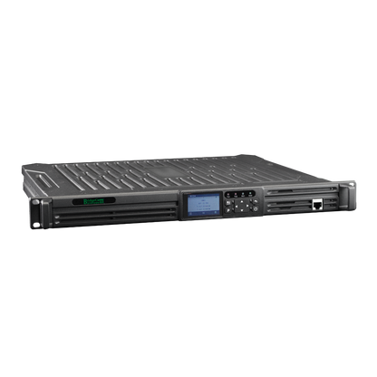 The BCR-GMRS Repeater & Duplexer Power Bundle by BridgeCom Systems is a black 1U rackmount server with LCD display, control buttons, indicator lights, and network ports—ideal as an FCC Part 95E certified GMRS repeater.