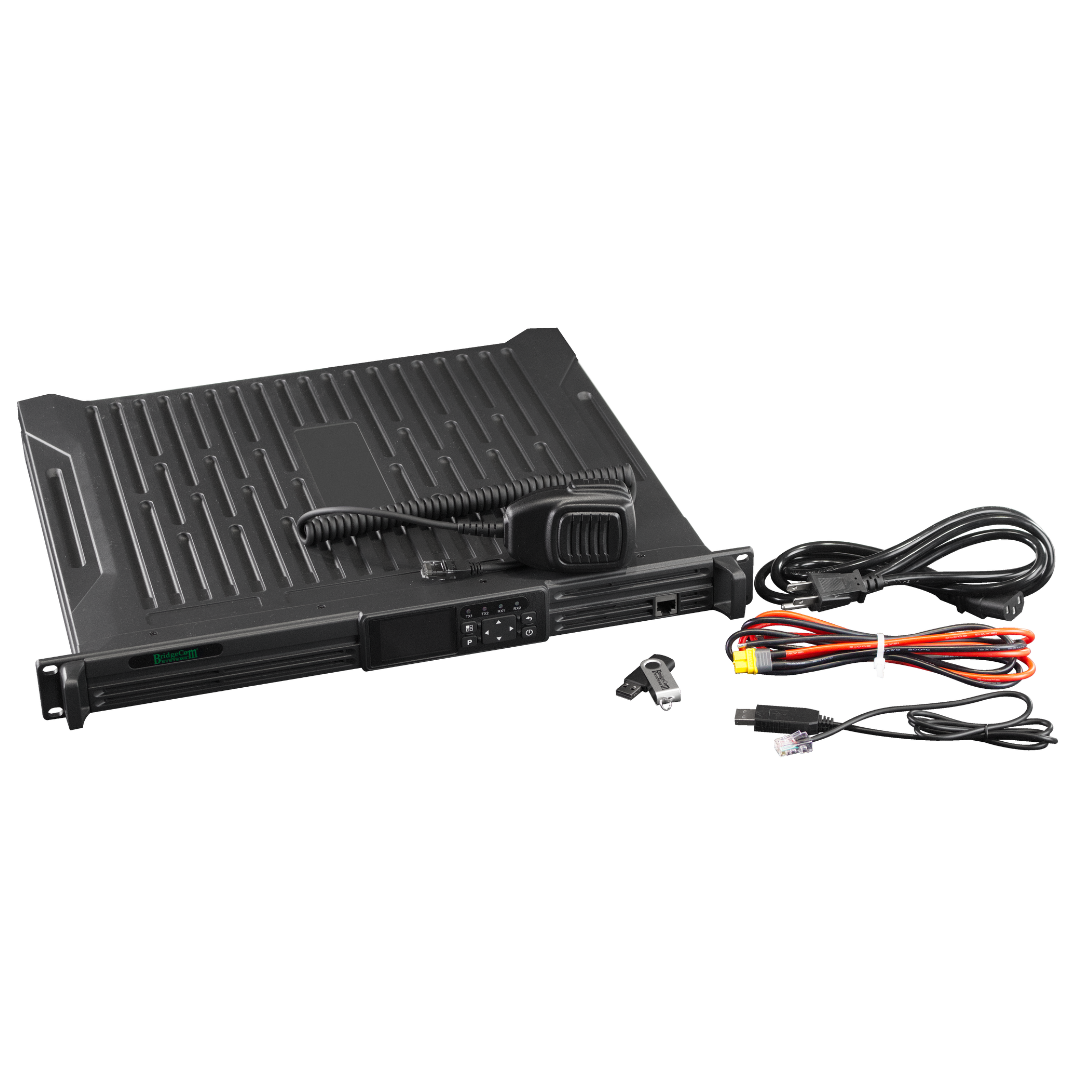 The BDR-1550 (VHF) Analog/DMR Repeater is a black rack-mounted radio transceiver shown with a handheld microphone, key, and various power and connection cables on a white background.