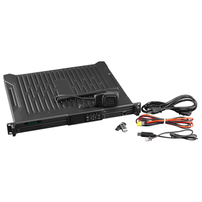 The BDR-4550 (UHF) Analog/DMR Repeater, shown with a handheld microphone, connection cables, and keys, is displayed on a white background.