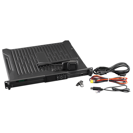 The BDR-4550 (UHF) Analog/DMR Repeater, shown with a handheld microphone, connection cables, and keys, is displayed on a white background.