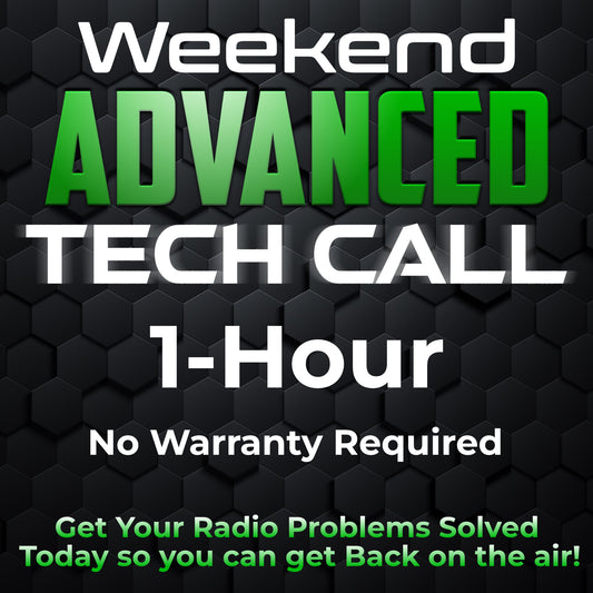 The image showcases bold text announcing a tech support service. The text reads, "Weekend Advanced Tech Call, 1-Hour, No Warranty Required. Get Your AnyTone Radio Problems Solved Today so you can get Back on the air!" The background features a dark hexagonal pattern.