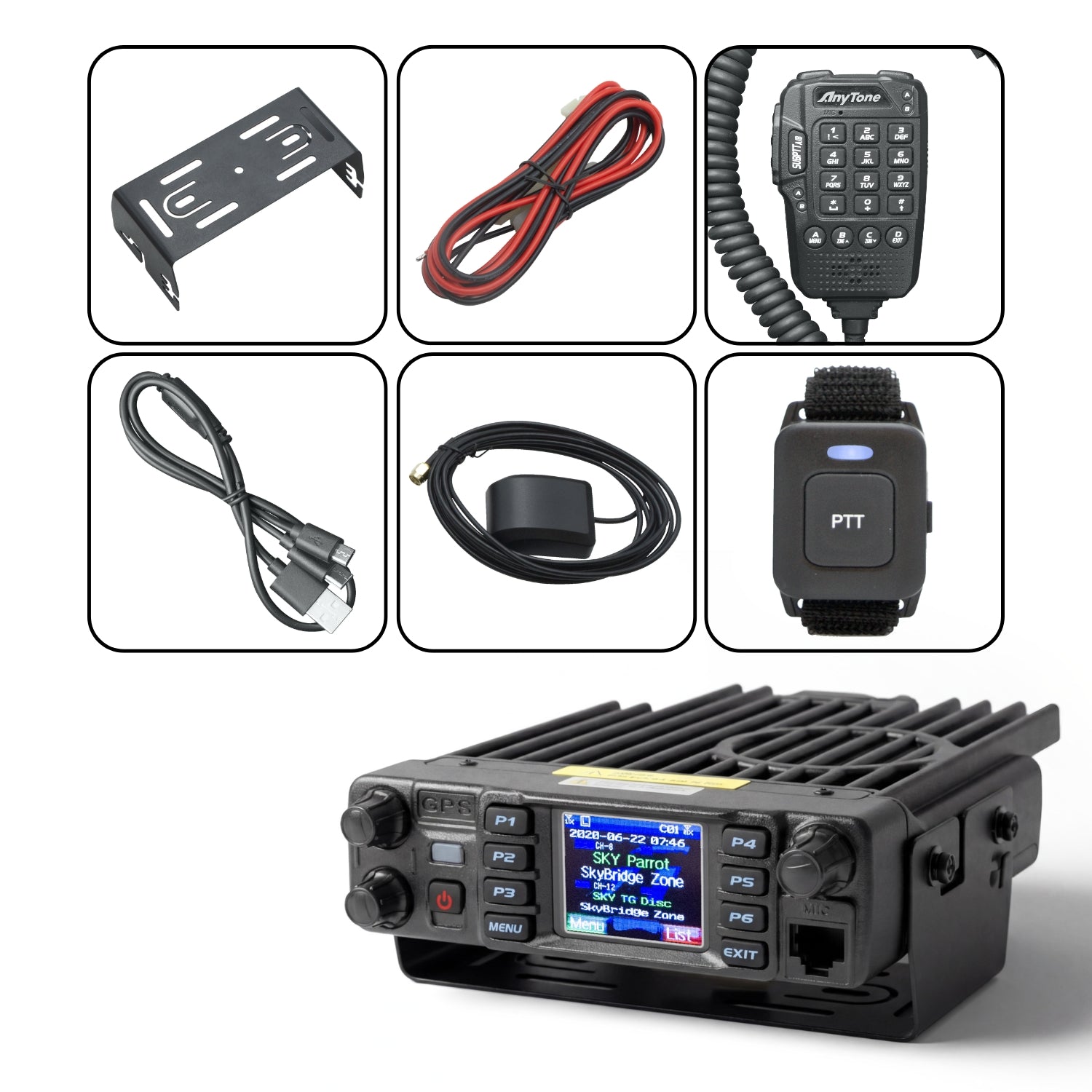 The AnyTone 578UVIII PLUS Tri-Band Mobile Radio supports DMR and analog communication and includes a digital display for frequency/settings, along with accessories like a coiled microphone, cables, mounting bracket, PTT button, plus a FREE $97 training course.