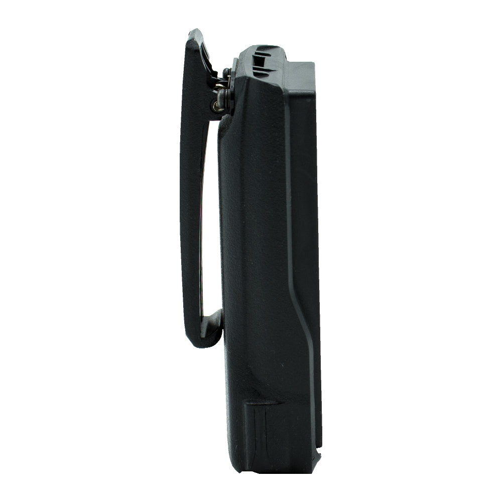 Side view of a black handheld device with a protruding clip and an Anytone/Maverick B- Stock Retro Drop-In battery SALE!!! replacement, photographed on a white background.