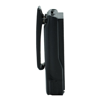 Side view of a black handheld device with a protruding clip and an Anytone/Maverick B- Stock Retro Drop-In battery SALE!!! replacement, photographed on a white background.