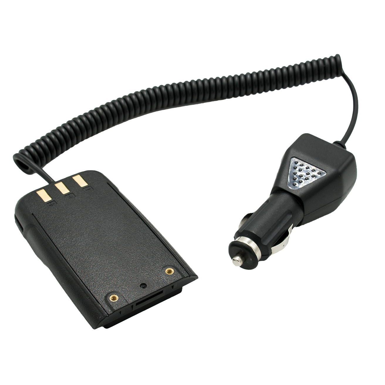 A black coiled car charger cable is connected to a charging adapter equipped with a triangular LED light, along with a separate battery pack featuring gold contacts. The adapter, an integral component of the Handheld Accessories Kit, is designed for use with a vehicle's cigarette lighter socket.