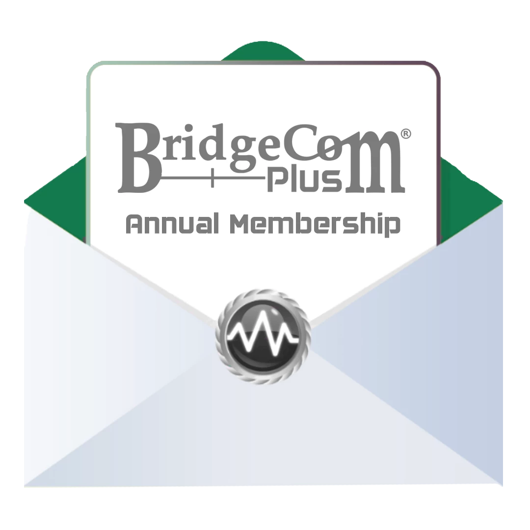 An open envelope reveals a card labeled "BridgeCom Plus Membership," featuring a circular waveform logo—a great choice for amateur radio enthusiasts looking for exclusive training and resources.