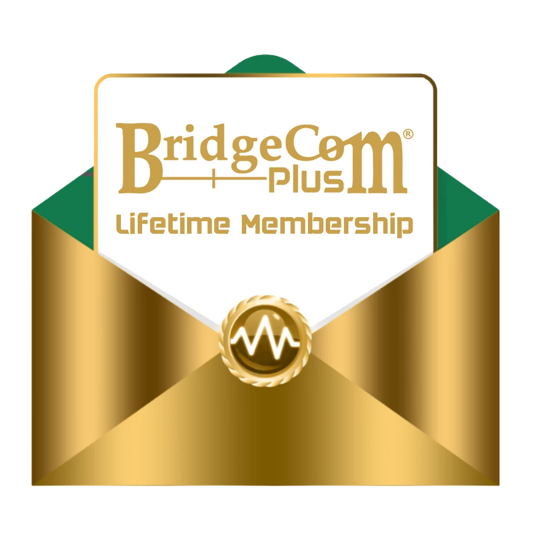 A gold and green envelope with a white card reading "BridgeCom Plus Membership" in gold, featuring a gold seal with waveform—ideal for amateur radio enthusiasts seeking exclusive training and premium benefits.