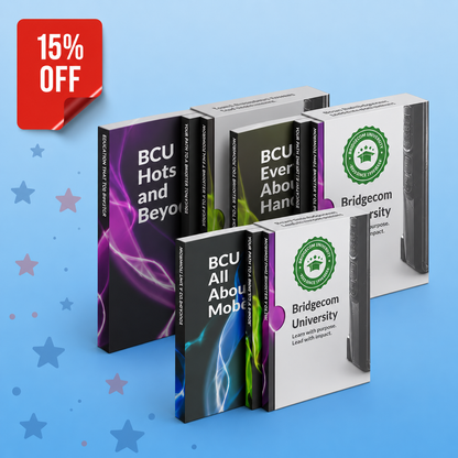 Five Maverick Dual Band DMR/Analog HT BridgeCom University Training Course boxes stand upright on a blue, star-patterned background. A red "15% OFF" badge highlights the digital DMR course titles displayed on each box.