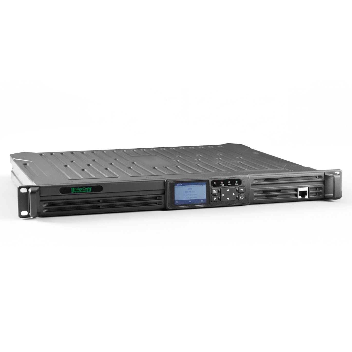 The BridgeCom BCR-GMRS is a black rack-mounted GMRS Repeater System (UHF), FCC Part 95E certified, with a front panel display, buttons, indicator lights, and network ports—shown against a plain white background.