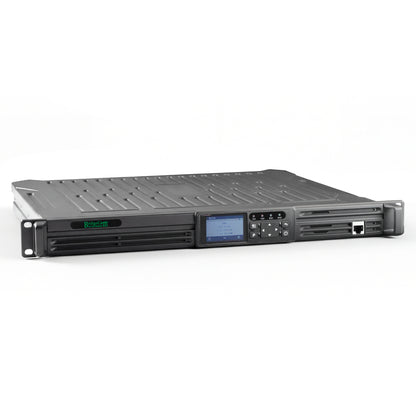 The BridgeCom BCR-GMRS is a black rack-mounted GMRS Repeater System (UHF), FCC Part 95E certified, with a front panel display, buttons, indicator lights, and network ports—shown against a plain white background.