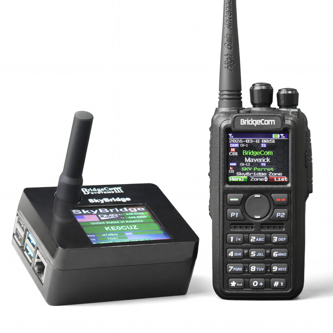 The BridgeCom Maverick handheld radio and Skybridge Hotspot in the DMR Plug and Play Package