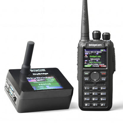The BridgeCom Maverick handheld radio and Skybridge Hotspot in the DMR Plug and Play Package