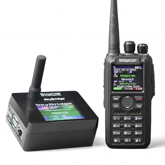 The BridgeCom Maverick handheld radio and Skybridge Hotspot in the DMR Plug and Play Package