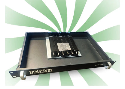 A black BridgeCom Systems BCR-GMRS Repeater & Duplexer Power Bundle is rack-mounted, set against a background of green and white radial stripes.