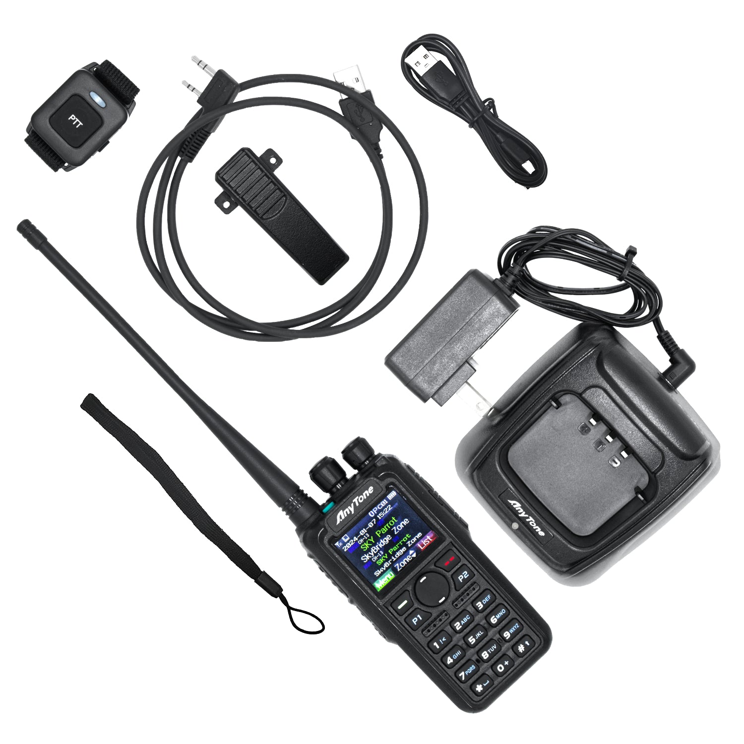 The AnyTone AT-D878UVII Plus, complete with a free $97 training course, is a versatile DMR/Analog dual band handheld radio. It includes a long-antenna radio, charging cradle, power adapter, USB cable, wrist strap, clip, and remote speaker microphone for enhanced communication.
