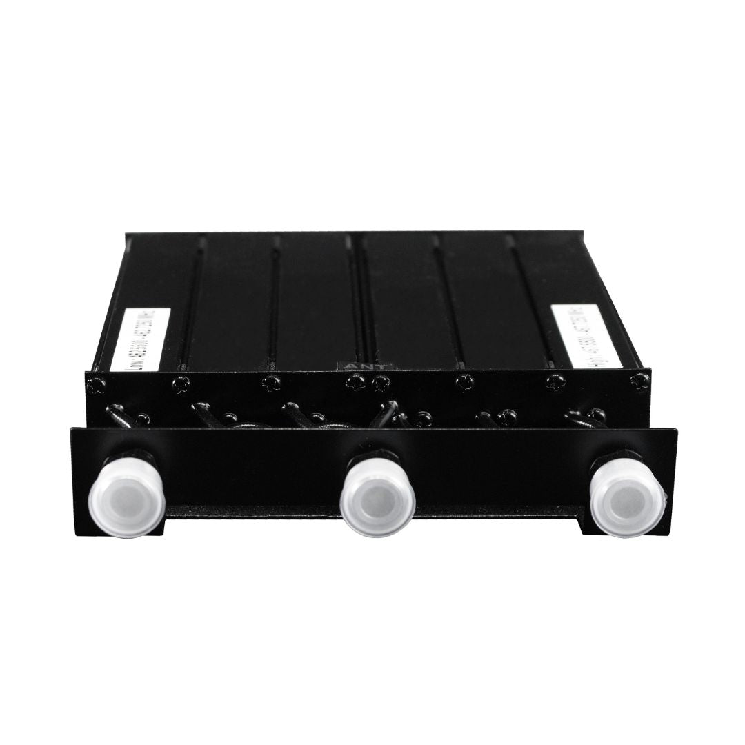 The BCD-GMRS 50W UHF Duplexer is a black rectangular electronic module with three white circular connectors and side labels, shown on a white background. It’s pre-tuned and ideal for GMRS repeater setups.