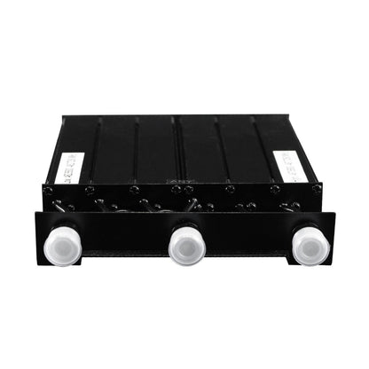The BCD-GMRS 50W UHF Duplexer is a black rectangular electronic module with three white circular connectors and side labels, shown on a white background. It’s pre-tuned and ideal for GMRS repeater setups.