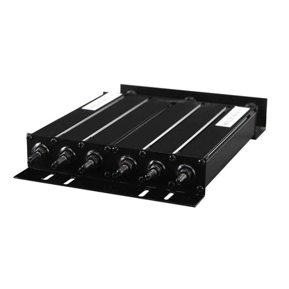 The BCD-GMRS 50W UHF Duplexer is a black, rectangular device with four parallel modules and multiple front cable connectors, mounted on a metal base with installation holes, ideal as a pre-tuned duplexer for GMRS repeater systems.