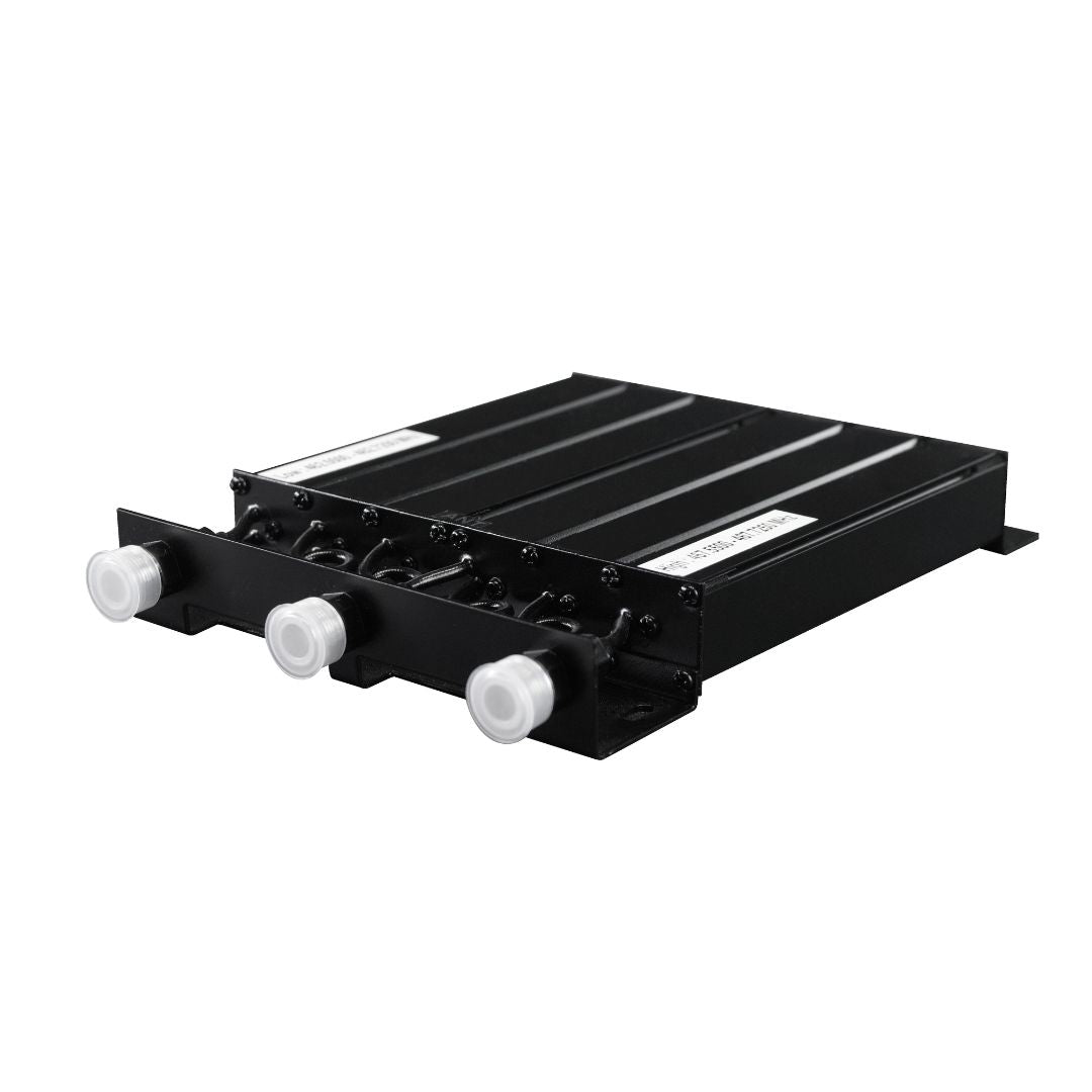 A BCD-GMRS 50W UHF Duplexer, black and rectangular with three cylindrical connectors topped by white protective covers, is displayed on a white background.