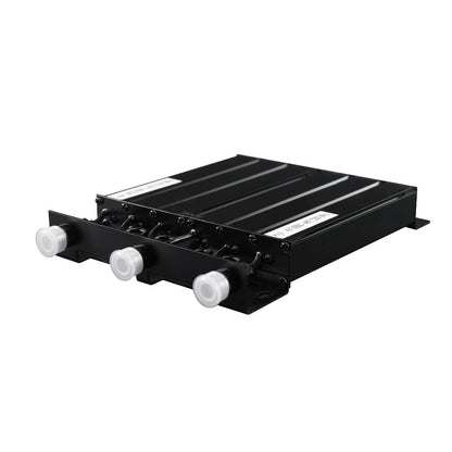 A BCD-GMRS 50W UHF Duplexer, black and rectangular with three cylindrical connectors topped by white protective covers, is displayed on a white background.