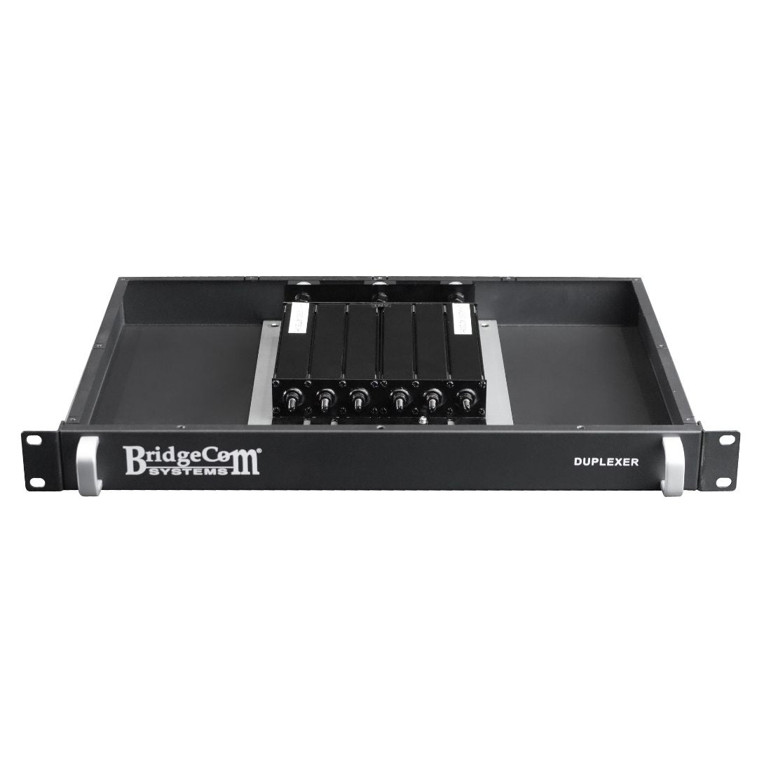 A black BridgeCom BCR-GMRS Repeater System with Duplexer, rack-mountable for GMRS repeater use, features multiple connectors, a "DUPLEXER" label on the front panel, and is FCC Part 95E compliant.
