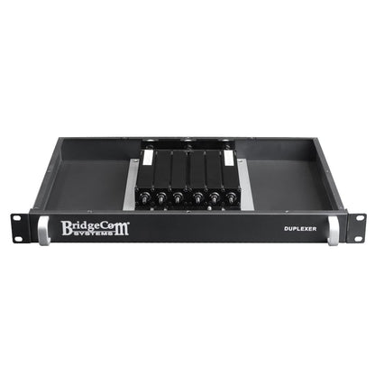 A black BridgeCom BCR-GMRS Repeater System with Duplexer, rack-mountable for GMRS repeater use, features multiple connectors, a "DUPLEXER" label on the front panel, and is FCC Part 95E compliant.