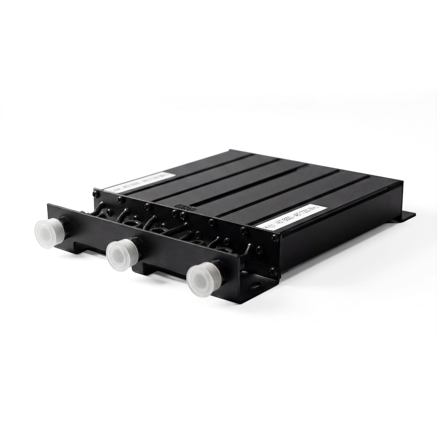 A BCD-GMRS 50W UHF Duplexer, black and rectangular with three cylindrical connectors topped by white protective covers, is displayed on a white background.