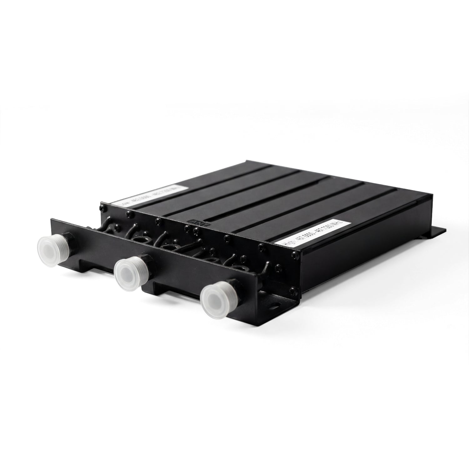 A BCD-GMRS 50W UHF Duplexer, black and rectangular with three cylindrical connectors topped by white protective covers, is displayed on a white background.