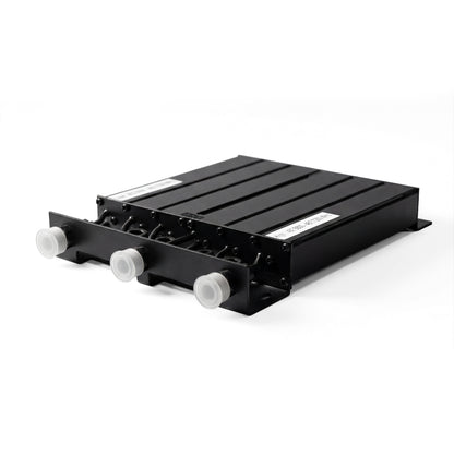 A BCD-GMRS 50W UHF Duplexer, black and rectangular with three cylindrical connectors topped by white protective covers, is displayed on a white background.