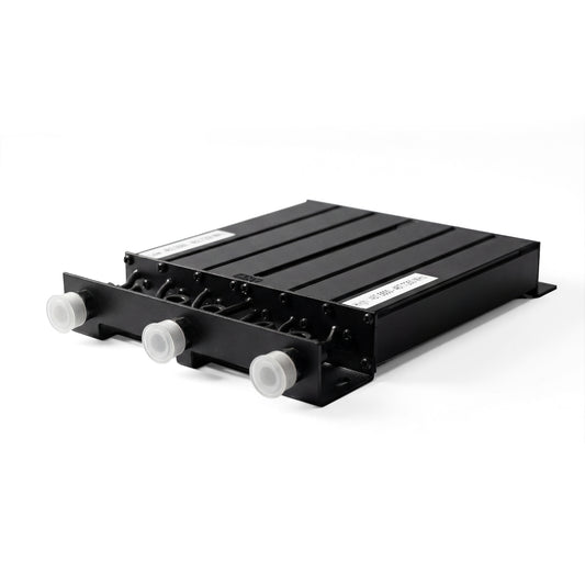 A BCD-GMRS 50W UHF Duplexer, black and rectangular with three cylindrical connectors topped by white protective covers, is displayed on a white background.