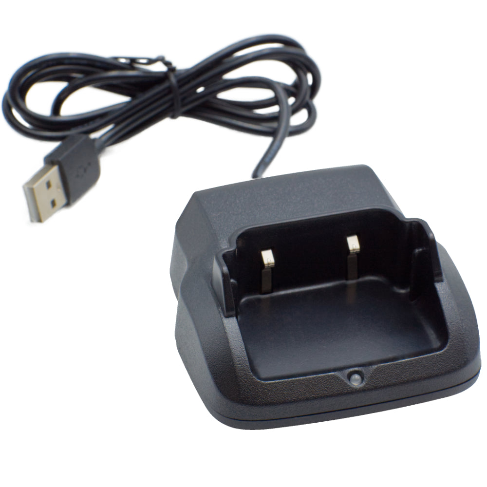The Echo E30 Charger Base w/wall charger in black features a connected, neatly coiled USB cable and two metal prongs for connecting and charging batteries of Echo GMRS handhelds.