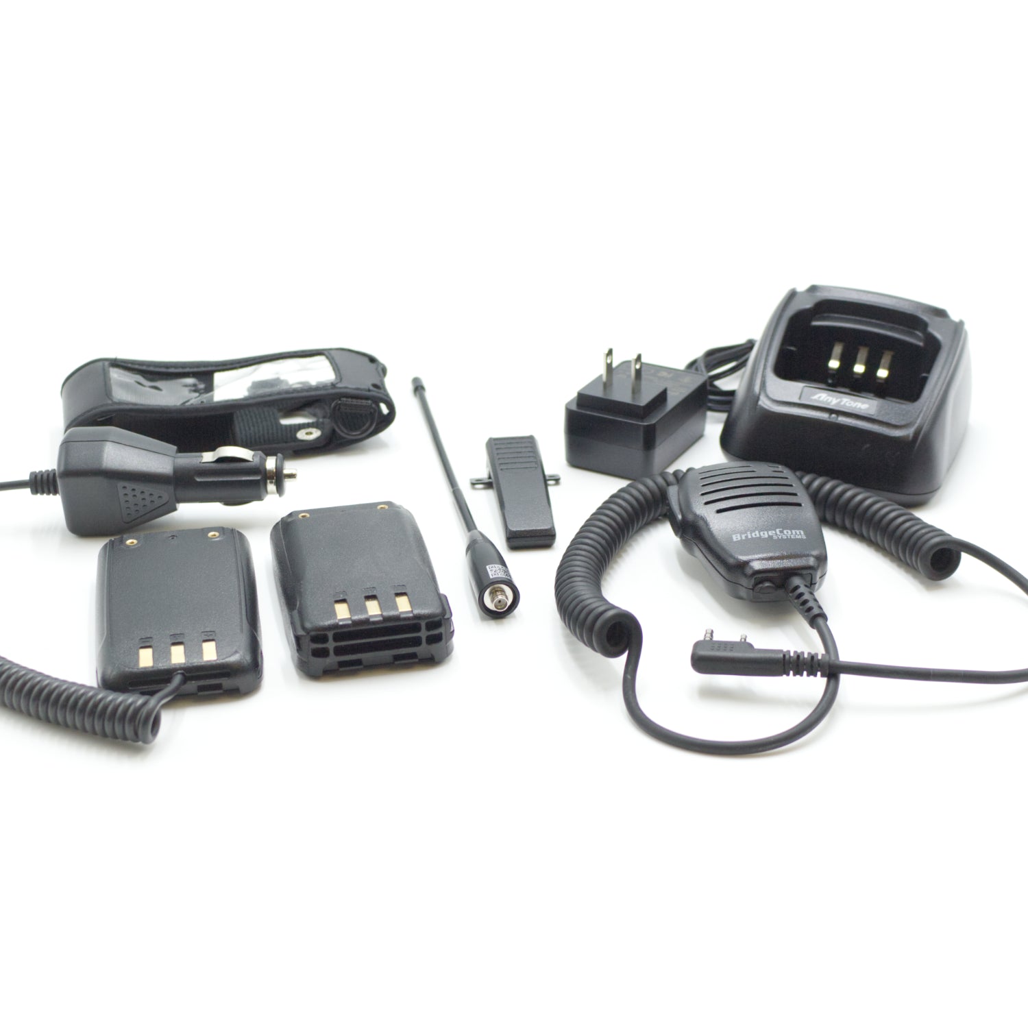 Introducing the Handheld Accessories Kit: an ideal collection for AnyTone HT radios. This comprehensive kit features holsters, two batteries, an antenna, a speaker microphone, a charging station with a power cord, and a power adapter. Enhance your DMR HT accessories setup with everything you need in one package.