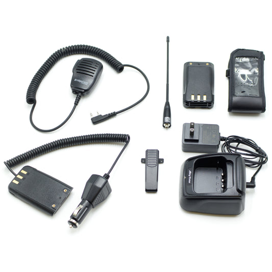 The Handheld Accessories Kit includes various radio accessories, such as a coiled microphone, two antennas, a wall charger, a vehicle charger, a battery pack, a holster, a battery clip, and a charging dock.
