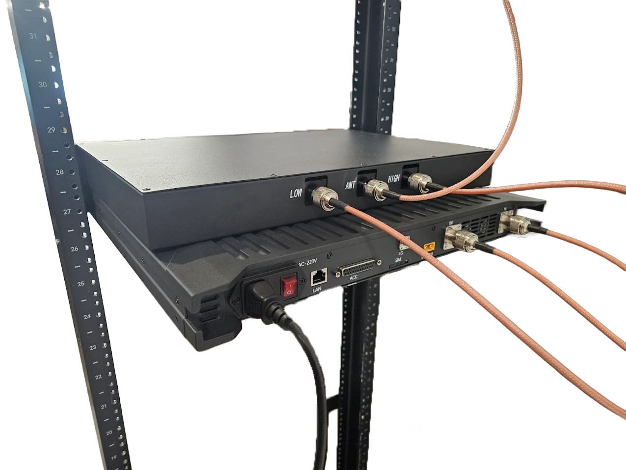 A close-up of the BCR-GMRS Repeater & Duplexer Power Bundle mounted on a server rack, with multiple cables connected to "LOW" and "ANT" ports on the back panel, set against a white background.