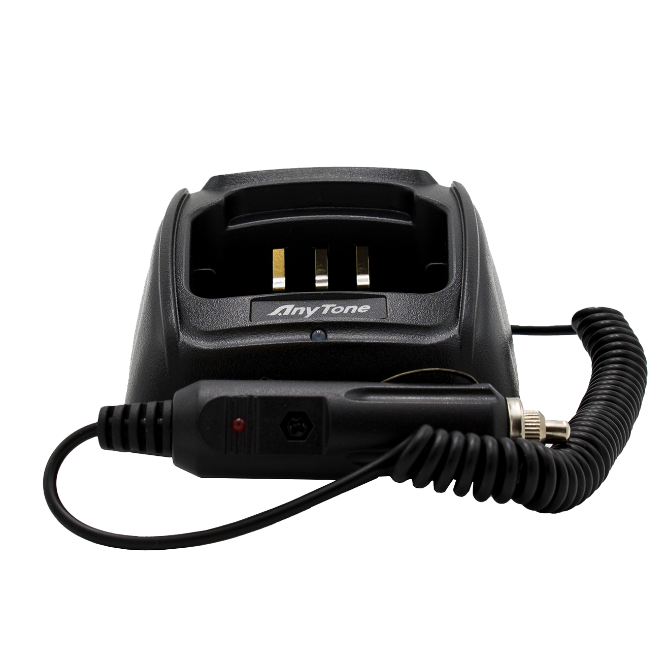 The Handheld Accessories Kit includes a sleek black AnyTone charging dock with an attached coiled power cable, ideal for your AnyTone HT. The dock boasts three charging pins and displays the AnyTone logo on the front. Additionally, the cable features a power adapter with a red indicator light, making it an essential accessory for your handheld device.