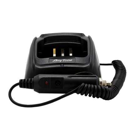The Handheld Accessories Kit includes a sleek black AnyTone charging dock with an attached coiled power cable, ideal for your AnyTone HT. The dock boasts three charging pins and displays the AnyTone logo on the front. Additionally, the cable features a power adapter with a red indicator light, making it an essential accessory for your handheld device.