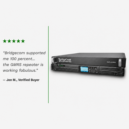 BridgeCom BCR-GMRS GMRS Repeater System with Duplexer, featuring a display screen, appears next to a five-star review from Jon M., Verified Buyer, praising its support and pre-tuned duplexer performance; FCC Part 95E certified.