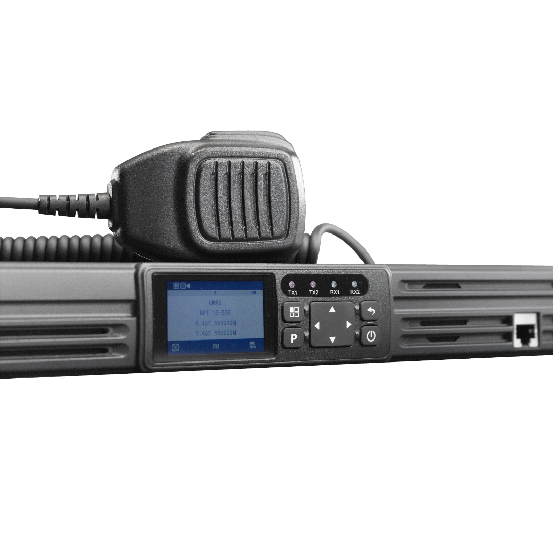 A close-up of the black BridgeCom BCR-GMRS UHF GMRS Repeater System shows a microphone attached by a coiled cord, a small frequency display, keypad buttons, and FCC Part 95E certification.