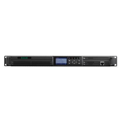 The BDR-1550 (VHF) Analog/NXDN Repeater is a black 1U rack-mounted device with a digital display, control buttons, ports, and indicator lights on the front; it's Part 90-compliant for reliable communications in tough environments.