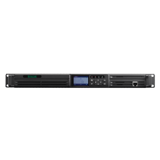 The BDR-1550 (VHF) Analog/NXDN Repeater is a black 1U rack-mounted device with a digital display, control buttons, ports, and indicator lights on the front; it's Part 90-compliant for reliable communications in tough environments.