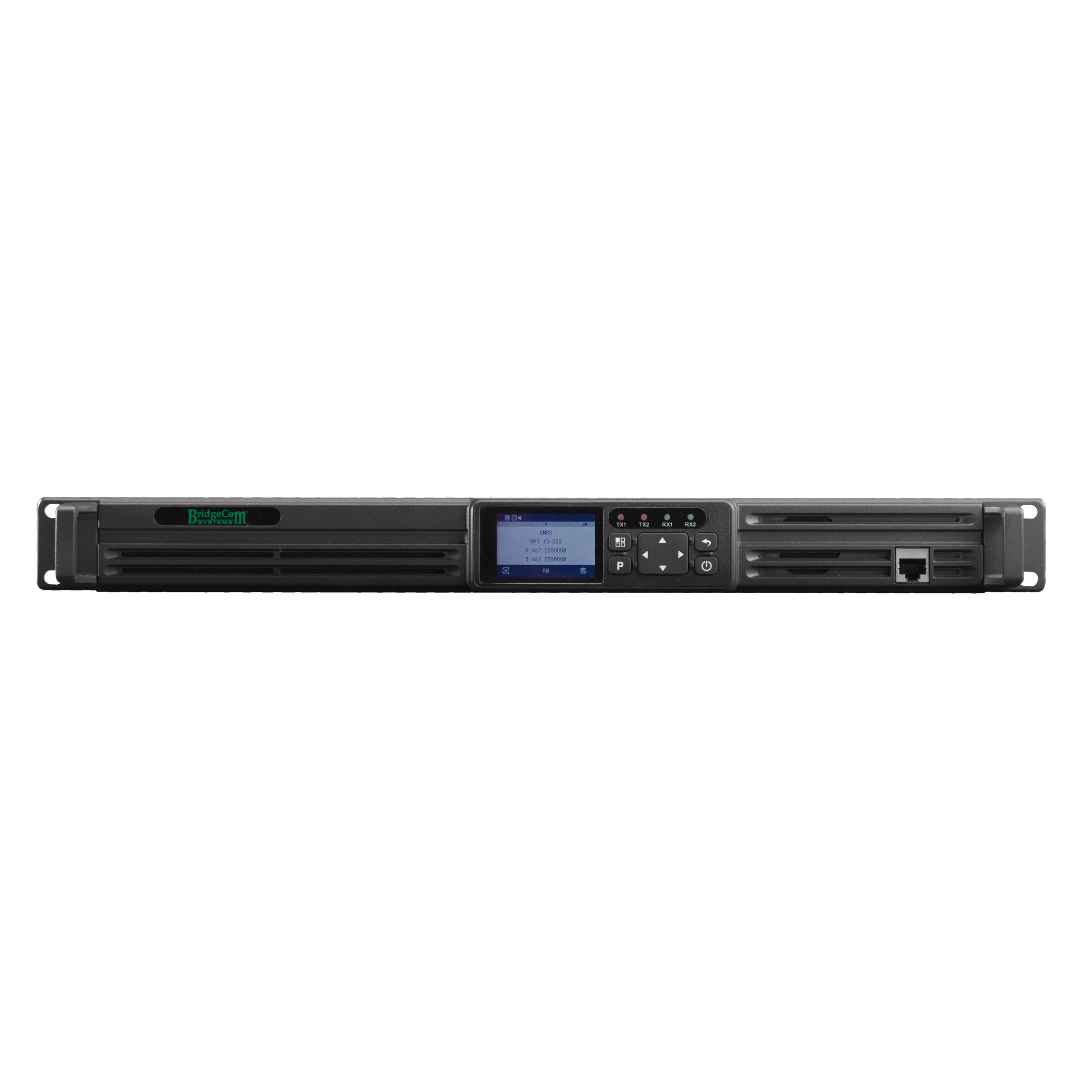 Front view of the BridgeCom BCR-GMRS UHF GMRS Repeater System in black, rack-mounted, with vents, display screen, control buttons, indicator lights, multiple ports—including Ethernet—on the right side. FCC Part 95E certified.
