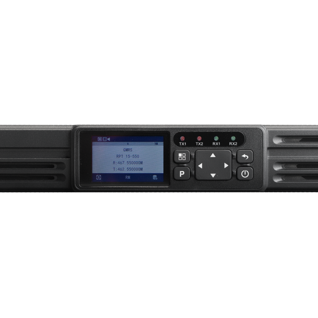A close-up of the BDR-1550 (VHF) Analog/NXDN Repeater shows a small display for frequency settings, adjacent control buttons, and four indicator lights labeled TX1, TX2, RX1, and RX2—ideal for use as a VHF or Analog NXDN repeater.