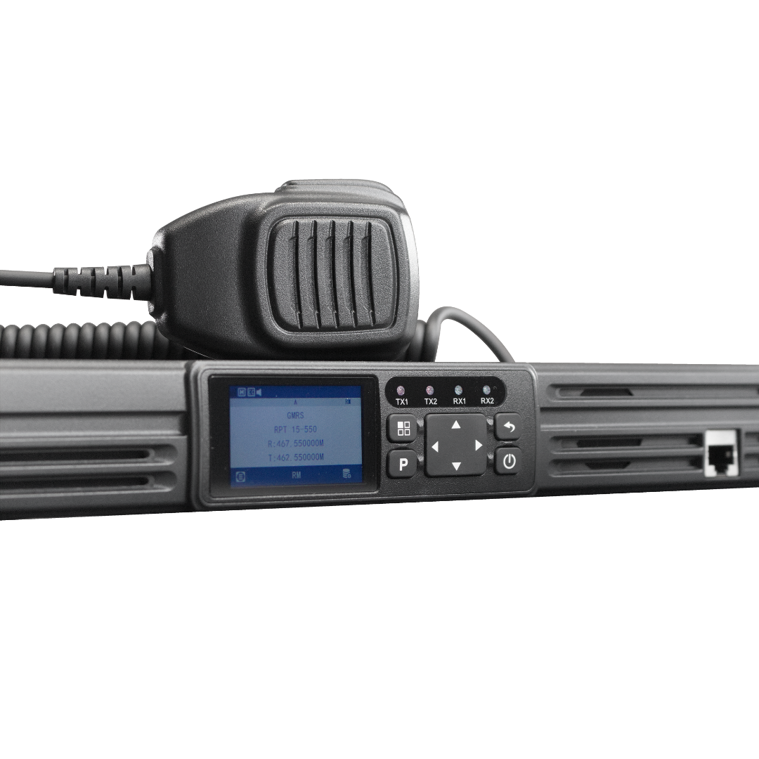 A close-up of the BCR-GMRS Repeater & Duplexer Power Bundle by BridgeCom Systems with a coiled handheld microphone and display screen showing frequency info. This GMRS repeater is FCC Part 95E certified. The background is plain white.