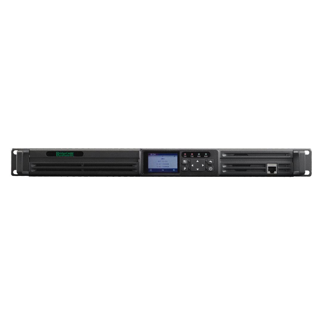 The BCR-GMRS Repeater & Duplexer Power Bundle, a FCC Part 95E certified GMRS repeater from BridgeCom Systems, features a black rackmount design with ventilation slots, display screen, control buttons, indicator lights, and front network port.