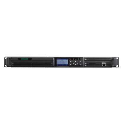 The BCR-GMRS Repeater & Duplexer Power Bundle, a FCC Part 95E certified GMRS repeater from BridgeCom Systems, features a black rackmount design with ventilation slots, display screen, control buttons, indicator lights, and front network port.